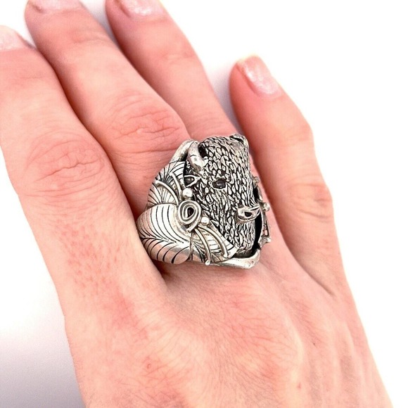 Vintage Bison Rose Ring Native American Sterling Silver 925 Signed PAC